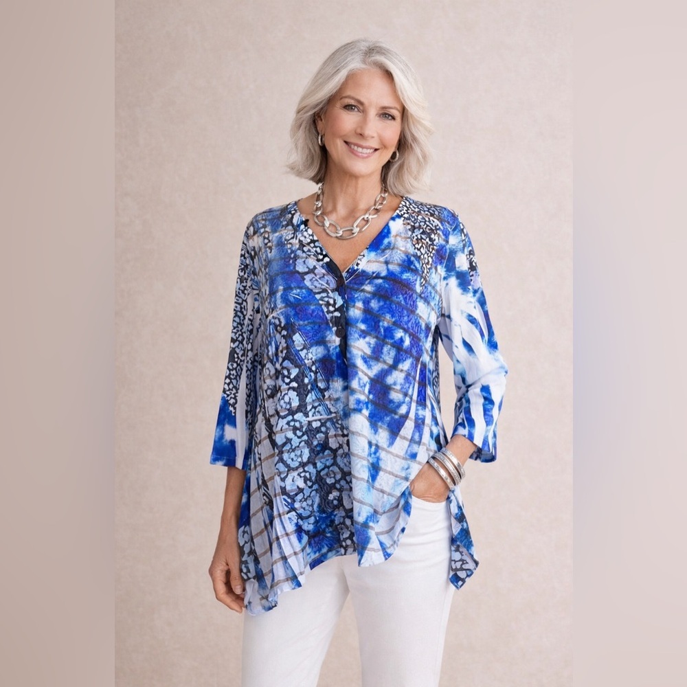 Cubism Womens Cardigan Sz M Indigo Blue Shibori Sublimation Lace Knit Artsy Boho